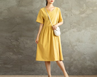 Women Summer Cotton Dress Soft Casual Loose Tunics Short Sleeves Knee Length Dresses Customized Dress Plus Size Clothes Linen Dress