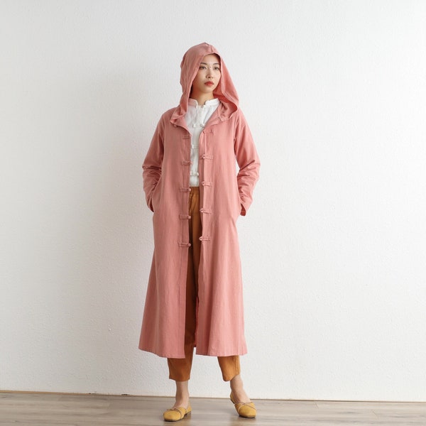 Hooded Cotton Dress Coat Casual Loose Robes Long Sleeves Cardigan Shift Dresses Midi Coat Customized Plus Size Clothing Linen 287