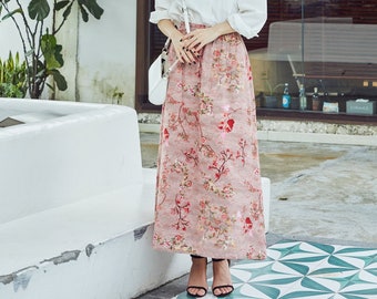 Printed Floral Summer Cotton Skirts A-line Pleated Elastic Waist Skirt Flared Casual Loose Maxi Skirts Customized Plus Size Skirt Boho Linen