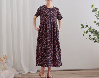 Summer Dress Soft Printed Cotton Dress Shirt Floral Dress Casual Tunics Short Sleeves Dress Boho Midi Dresses Customize Dress Linen Dress