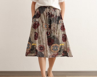 Falda de verano estampada Falda de algodón Faldas sueltas casuales Falda de cintura elástica de una línea Mini faldas acampanadas Falda plus personalizada Falda de lino boho