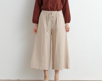 Elastic Waist Cotton Pants Soft Casual Loose Cropped Pant Midi Trousers Wide Leg Skirt Pant Customized Plus Size Pants Linen