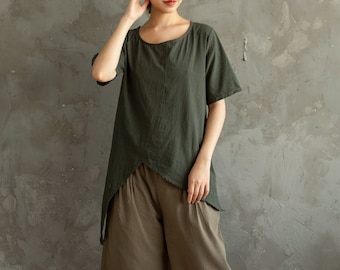 Summer Cotton Tops Women's Shirt Short Sleeves Blouse Irregular Casual Loose Kimono Customized Shirt Top Plus Size Clothes Linen