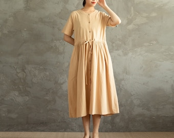 Women Summer Dress Cotton Dress Shirt Casual Loose Tunics Short Sleeves Robes Midi Dress Customized Dress Plus Size Clothing Linen Dress