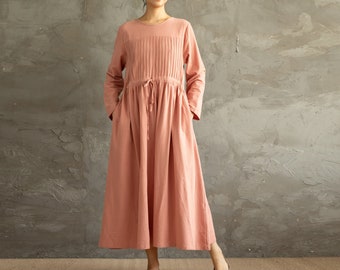 Women Cotton Dress Soft Casual Loose Robes Long Sleeves Tunics Dress Boho Maxi Dresses Customized Dress Plus Size Clothing Linen Dress