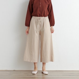 Elastic Waist Cotton Pants Soft Casual Loose Cropped Pant Midi Trousers Wide Leg Skirt Pant Customized Plus Size Pants Linen