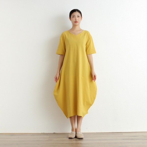 Summer Cotton Dress Casual Loose Dress A-line Short Sleeves Robes Midi Dresses Customized Dress Plus Size Clothing Linen Dress