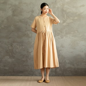 Women Summer Dress Cotton Dress Shirt Casual Loose Tunics Short Sleeves Robes Midi Dress Customized Dress Plus Size Clothing Linen Dress