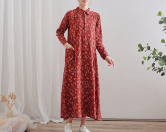 Women Printed Cotton Dress Floral Dress Casual Shirt Collar Dress Loose Long Sleeves Shift Dress Maxi Dresses Customized Dress Linen Dress