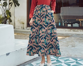 Printed Summer Cotton Skirts A-line Pleated Elastic Waist Skirt Flared Casual Loose Maxi Skirts Customized Plus Size Skirt Boho Linen