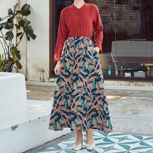 Printed Summer Cotton Skirts A-line Pleated Elastic Waist Skirt Flared Casual Loose Maxi Skirts Customized Plus Size Skirt Boho Linen