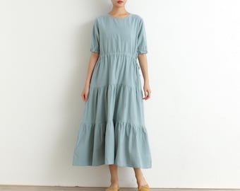 Women Cotton Dress Soft Casual Loose Robes Short Sleeves Shift Dress Boho Maxi Dresses Customized Dress Plus Size Clothing Linen