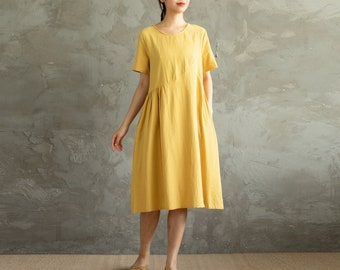 Summer Dress Soft Cotton Dress Casual Loose Dress Tunics Short Sleeves Dress Knee Dresses Customized Dress Plus Size Clothing Linen Dress