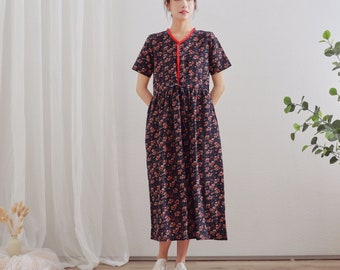 Summer Dress Soft Printed Cotton Dress Shirt Floral Dress Casual Tunics Short Sleeves Dress Boho Midi Dresses Customize Dress Linen Dress