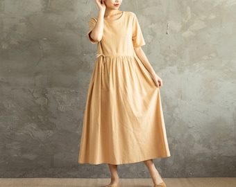 Summer Dress Cotton Dress Soft Casual Loose Dress Tunics Short Sleeves Robes Midi Dresses Customized Dress Plus Size Clothing Linen Dress