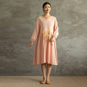 Women Dress Cotton V-neck Dress Nine point Sleeves Dress Tunics Loose Dress Knee Dresses Customized Dress Plus Size Clothing Linen Dress