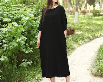 Summer Cotton Dress Shift Casual Loose Dress Tunics 3/4 Sleeves Robes Midi Dresses Customized Dress Plus Size Clothing Linen Dress