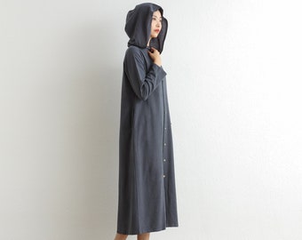 Hooded Cotton Dress Casual Loose Robes Long Sleeves Cardigan Shift Dresses Maxi Coat Customized Dress Plus Size Clothing Linen