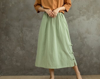 Summer Cotton Skirts A-line Pleated Elastic Waist Skirt Flared Casual Loose Midi Skirts Customized Plus Size Skirt Boho Linen