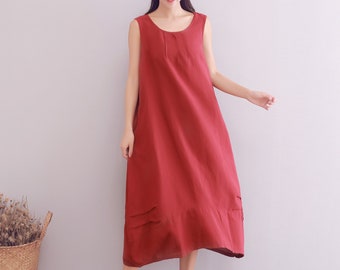 Summer Cotton Dress Casual Loose Tunics Sundress Sleeveless Shirt Robes Midi Dresses Customized Dress Plus Size Clothes Linen