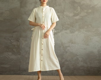 Summer Cotton Dress Shirt Casual Loose Dress Tunics Short Sleeves