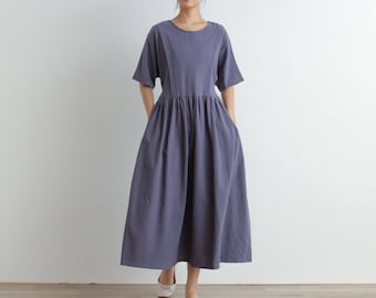 Women Cotton Dress Soft Casual Loose Robes Short Sleeves Shift Dress Boho Maxi Dresses Customized Dress Plus Size Clothing Linen