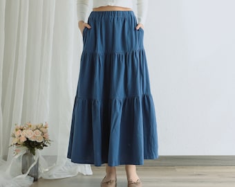 Summer Cotton Skirt Casual Loose Skirts A-line Pleated Elastic Waist Skirt Flared Midi Skirts Customized Plus Size Skirt Boho Linen Skirt