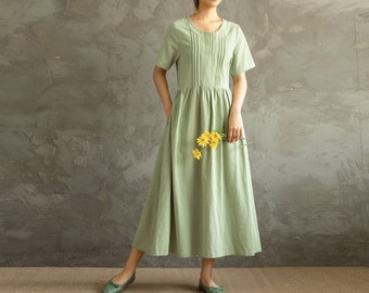 Summer Cotton Dress Soft Casual Loose Dress Tunics Short Sleeves Robes Midi Dresses Customized Dress Plus Size Clothing Linen