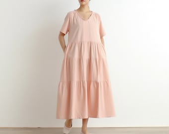 Summer Cotton Dress Soft Casual Loose Tunics Dresses Short Sleeves Robes Maxi Dresses Customized Dress Plus Size Clothing Linen