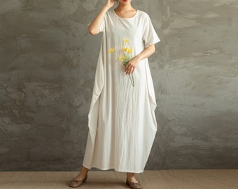 Summer Dress Cotton Dress Soft Casual Loose Tunics Buttons Short Sleeves Robes Maxi Dresses Customized Dress Plus Size Clothing Linen Dress