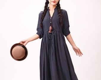 Vrouwen lange mouwen katoenen jurk zacht casual losse tunieken shirt V-hals gewaden midi-jurken aangepaste jurk plus size kleding linnen