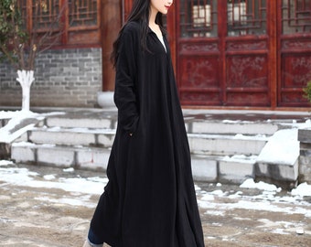 Women Cotton Dress Cardigan Casual Loose Dress Coat Tunics Long Sleeves Robes Maxi Dress Customized Dress Plus Size Clothes Linen Dress