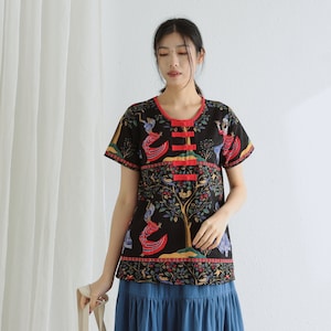 Printed Summer Cotton Tops Short Sleeves Blouse Floral Casual Loose Kimono Customized Shirt Top Hand Made Plus Size Clothes Linen Women Tops