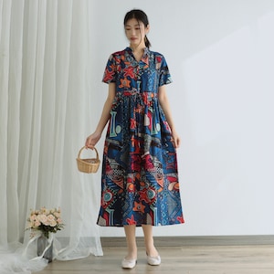 Printed Dress Summer Floral Cotton Dress Shirt Casual Loose Dress Tunics Short Sleeves Midi Dresses Customize Dress Plus Size Linen Dress