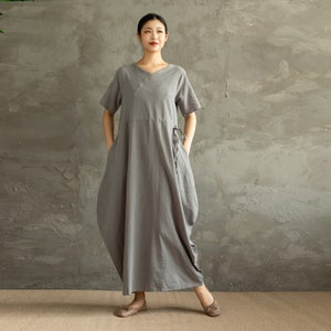 Summer Cotton Dress Soft Casual Loose Tunics Buttons Short Sleeves Robes Maxi Dresses Customized Dress Plus Size Clothing Linen