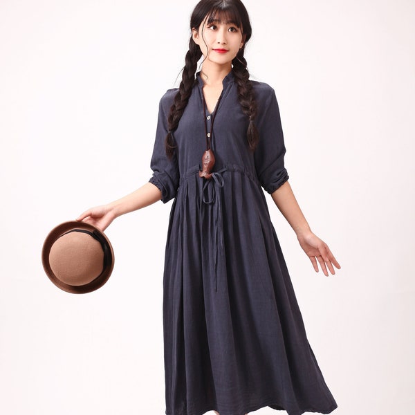 Women Long Sleeves Cotton Dress Soft Casual Loose Tunics Shirt V-neck Robes Midi Dresses Customized Dress Plus Size Clothing Linen