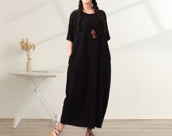 Summer Cotton Dress Soft Casual Loose Tunics Buttons Half Sleeves Robes Maxi Dresses Customized Dress Plus Size Clothing Linen