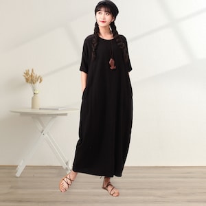 Summer Cotton Dress Soft Casual Loose Tunics Buttons Half Sleeves Robes Maxi Dresses Customized Dress Plus Size Clothing Linen
