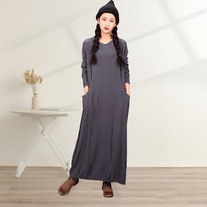 Frauen Baumwollkleid Weich Beiläufig Lose Roben Lange Ärmel Etuikleid Boho Maxikleider Angepasst Kleid Übergröße Kleidung Leinen