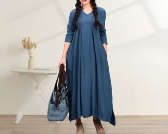 Winter Heavier Fabric Dress Fall Dress Warm Dress Thicker Cotton Dress Long Sleeves Robes Outwear Dress XS-6XL (HandMade Custom Plus Size)