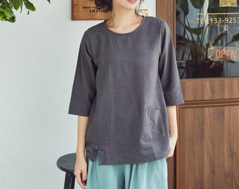 Women's Summer Cotton Tops Half Sleeves Blouse Casual Loose Kimono Customized Shirt Top Hand Made Plus Size Clothes Linen