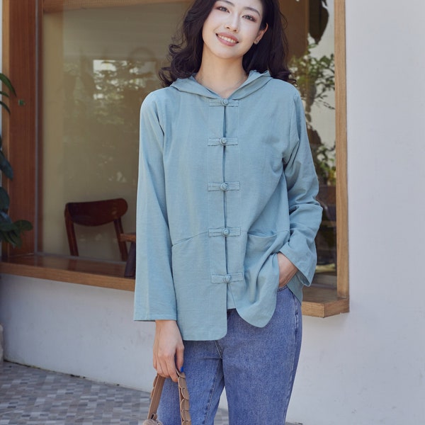 Summer/Spring Blouse Cotton Hooded Tops Long Sleeves Blouse Casual Loose Kimono Customized Shirt Top Hand Made Plus Clothes Linen Blouse