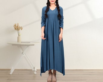 Women Cotton Dress Soft Casual Loose Robes Long Sleeves Shift Dress Boho Maxi Dresses Customized Dress Plus Size Clothing Linen
