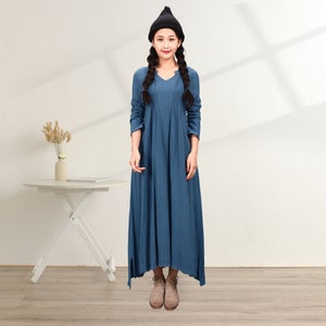 Women Cotton Dress Soft Casual Loose Robes Long Sleeves Shift Dress Boho Maxi Dresses Customized Dress Plus Size Clothing Linen