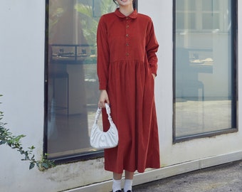 Winter/Fall Cotton Corduroy Dress Long Sleeves Tunics Dress Loose Warm Dress Customized Shirt Midi Dress Hand Made Plus Size Corduroy Robe