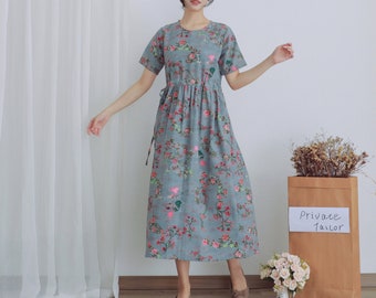 Summer Printed Cotton Dress Floral Casual Loose Robes Short Sleeves Dress Boho Midi Dresses Customize Dress Plus Size Clothes Linen Dress