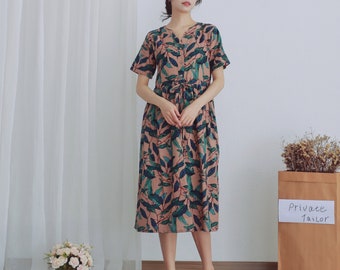 Printed Summer Dress Cotton Dress Casual Loose Tunics Short Sleeves V-neck Shirt Robes Knee Dresses Customized Dress Plus Size Linen Dress