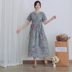 Summer Printed Cotton Dress Floral Casual Loose Robes Short Sleeves Dress Boho Midi Dresses Customize Dress Plus Size Clothes Linen Dress image 1