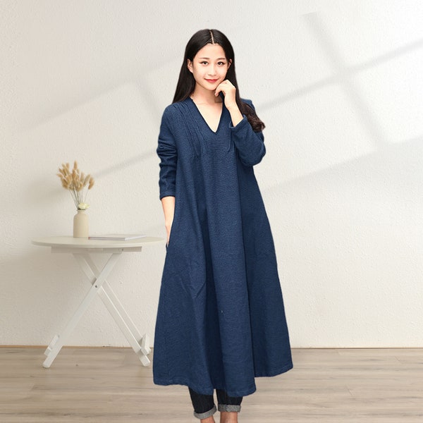 Winter schwerer Baumwolle Stoff Kleid Herbst Kleid dicker warmes Kleid mit langen Ärmeln Outwear Kleider Tailored XS-6XL (HandMade Custom Plus Size)