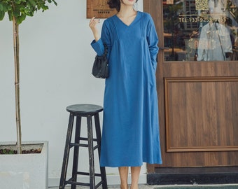 New Design Cotton Dress Shirt V-Neck Loose Dress A-Line Tunics Long Sleeves Robes Midi Dresses Customized Dress Plus Size Clothing Linen